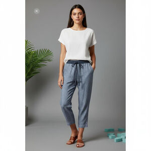 SUSINA cropped slim linen pants with elastic waist & drawstrings Blue Sz SP